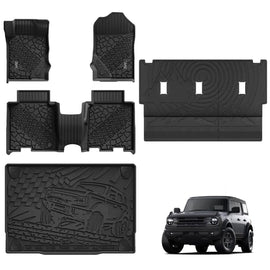 3WLiners 2021-2024 Ford Bronco 4-Door TPE Material & All-Weather Protection Custom Floor Mats + Trunk Mat + Back Seat Cover Floor Mats 3WLiners 