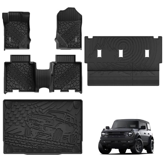 3WLiners 2021-2024 Ford Bronco 4-Door TPE Material & All-Weather Protection Custom Floor Mats + Trunk Mat + Back Seat Cover